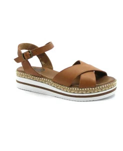 BUENO SHOES WY3505 marrone scarpa sandalo donna pelle cinturino zeppa perline