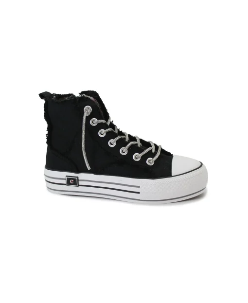 CAFè NOIR DM9112 nero scarpe donna sneakers alte platform lacci strass