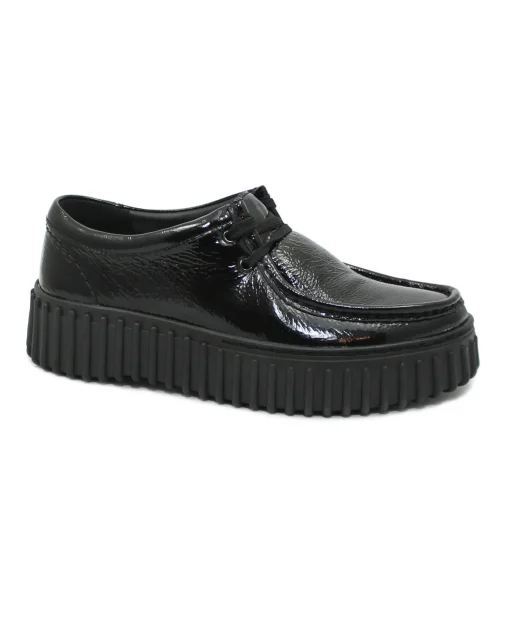 CLARKS TORHILLBEE black patent nero scarpe donna pelle lacci vernice mocassino