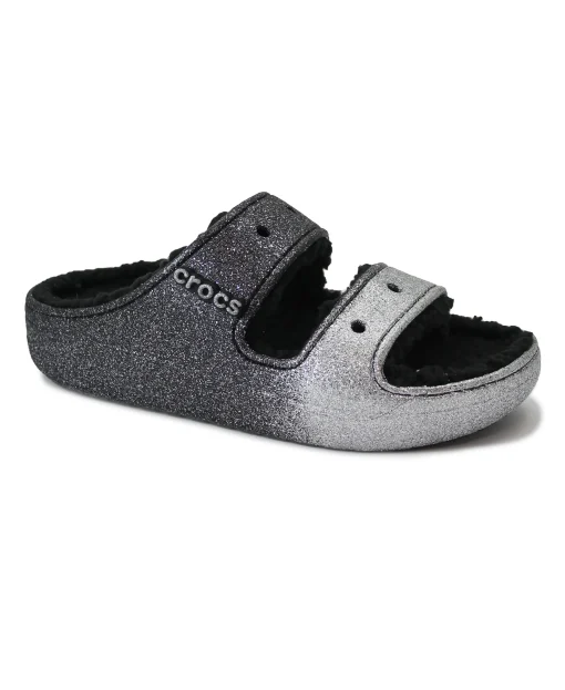 CROCS CLASSIC 208124 cozzy glitter nero argento ciabatte donna gomma zeppa pelo