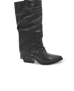 DIVINE FOLLIE AIS73 stivale donna nero pelle risvolto tacco borchiette