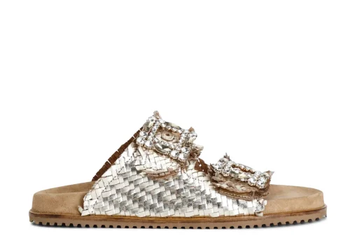 Sandali Donna: Cafè Noir C1XM2002 CIABATTA DOPPIA FIBBIA STRASS IN PELLE INTRECCIATA